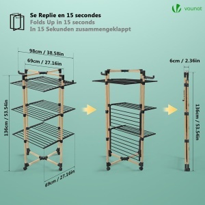 Racks pentru rufe VOUNOT 3 niveluri, 25m lungime, negru, design compact - Img 5