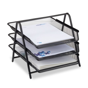 Raft Documente Metalic Relaxdays, 3 Faguri, Design Mesh, Negru, 35.5 x 29.5 x 27 cm