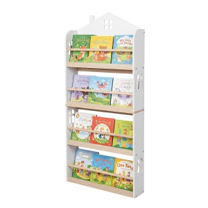 Raft pentru carti copii Relaxdays, 4 compartimente, albnatural, 130 x 60 x 15 cm