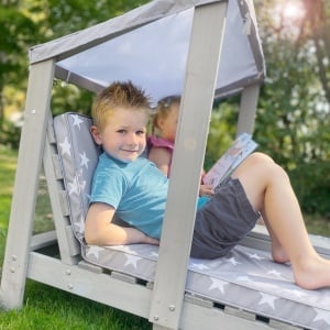 Roba Dublu Leagan pentru Copii din Lemn, 2 Locuri, Protectie UV, Gri - Img 3