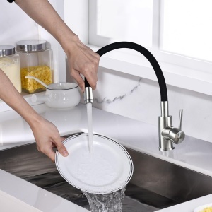 Robinet de bucatarie Ibergrif, cu tub flexibil, negru mat, 360 rotativ - Img 4