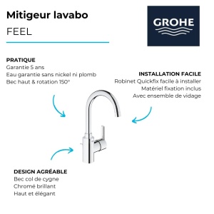 Robinet pentru chiuveta GROHE Feel, crom, cu maner metalic, L-Size - Img 6