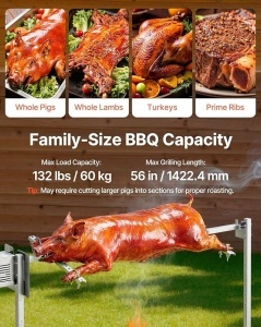 Rotisor Electric Grill BBQ 142 cm (56"), Motor 38W, Capacitate 60 kg, 8 Nivele Înălțime, Oțel Inoxidabil, pentru Porc, Miel, Curcan – Kit Complet cu Trepied și Furci SUS304 - Img 2