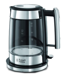 Russell Hobbs Boiler Glass Design [1.7l, 2200W] Elegance - Aplicatii din otel inoxidabil lustruit (iluminare LED albastra, filtru de var detasabil, indicator de nivel al apei) Ceainic 23830-70 - Img 1