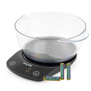 Salter 1074 BKDR Cantar electronic de bucatarie - Cantar digital de copt cu bol de 1,8 litri sigur pentru masina de spalat vase, capacitate maxima de greutate de 5 kg, functie zero/tara, masoara lichide in ml/fl. OZ, Negru