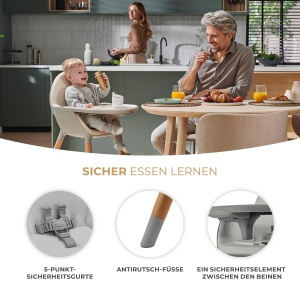 Scaun inalt Kinderkraft FINI2 2 in 1, scaun inalt pentru copii, scaun pentru copii, scaun inalt combi, picioare din lemn, centuri de siguranta, suport pentru picioare, tava dubla, de la 6 luni la 5 ani, curele in 5 puncte, gri - Img 6