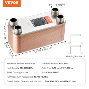 Schimbator de caldura VEVOR, 127 x 305 mm, 50 de placi, schimbator de caldura cu placi brazate, cupru/316L schimbator de caldura apa-apa din otel inoxidabil pentru incalzire prin pardoseala, incalzire apa, topire zapada, racire cu bere - Img 7
