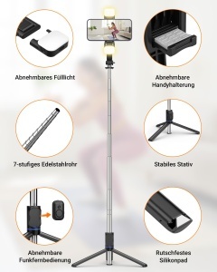 Selfie Stick GRIFEMA cu LED, 107cm, 3 Modi de Lumina, Compatibil cu iPhone si Android - Img 3