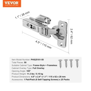 Set 50 Balamale VEVOR pentru Mobilier Unghi Deschidere 100deg Soft-Close din Otel Inoxidabil - Img 8