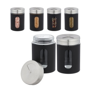 Set 6 recipiente pentru condimente Relaxdays, 290 ml, negru, sticla si otel inoxidabil