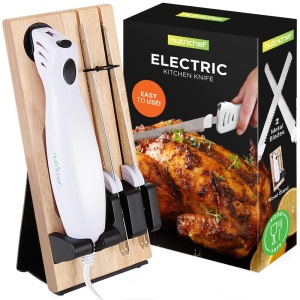 Set Cutite Electrice NutriChef cu Bloc de Lemn, 4 Piese, Alb