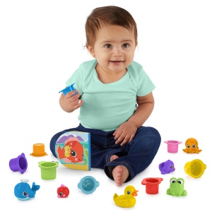 Set de baie de 15 piese Bright Starts, Splash, Splash Baby - carte impermeabila, ratuste de cauciuc, jucarii pentru animale de companie si cani de stivuire, unisex, 6 luni+ - Img 6