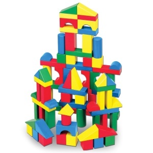 Set de blocuri de constructie din lemn Melissa Doug, 100 piese, 4 culori, 9 forme