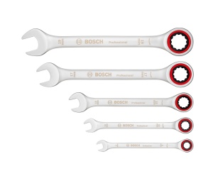 Set de chei cu clichet Bosch Professional (5 bucati, dimensiuni standard 8-19 mm, otel crom vanadiu, in geanta pliabila din panza) - Img 1