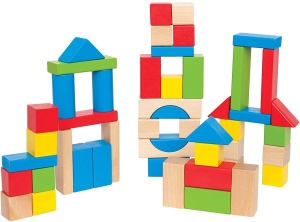 Set de cuburi din lemn Hape 50 piese forme geometrice culori vibrante