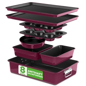 Set de forme de copt NutriChef 8 piese, antiaderente, violet, spatiu economisit