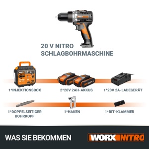 Set de gaurit combinat cu acumulator WORX NITRO WX352 20V - motor fara perii - pentru insurubare, gaurire si gaurire cu percutie - 60Nm - cutie de viteze cu 2 trepte si lumina LED - incl. baterii 2x20V 2Ah si incarcator rapid 2A - Img 6