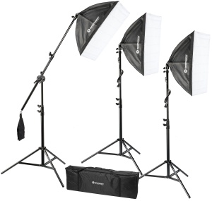 Set de iluminare Bresser cu 3 Softboxuri, 125W, negru