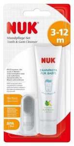 Set de ingrijire orala NUK cu pasta de dinti pentru bebelusi si aroma naturala de mar-banana, incl. periuta de dinti pentru degete, fara BPA, fara fluor, 1 bucata