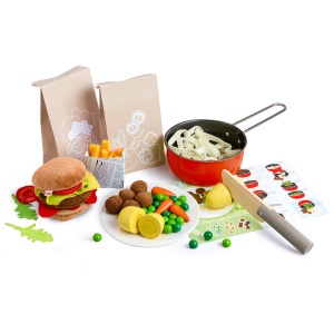 Set de joaca HABA Fresh Box Alimente din lemn si material textil, cu carti de retete
