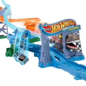 Set de joaca Hot Wheels RacerVerse Jurassic World Crash Splash JFP32 cu Velociraptor Die-Cast si Spinosaurus - Img 3