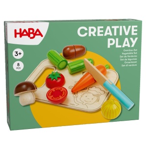 Set de Joc HABA cu Legume din Lemn 7 Piese, Inclusiv Cutit si Tabla de Taiat