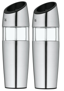 Set de mori basculante electrice WMF 2 bucati, 20 cm, moara de sare si piper electrica, cromargan neumplut, sticla opaca din otel inoxidabil, rasnita ceramica