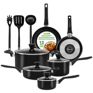 Set de oale si tigai NutriChef, 13 piese, negru, cu capac transparent