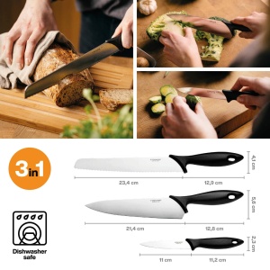 Set de pornire Fiskars, set de cutite din 3 piese, cutit de bucatar, cutit de paine, cutit de curatat (lungimi lama: 20 cm, 23 cm, 11 cm), esential, otel inoxidabil / plastic PP, negru, 1065583 - Img 2