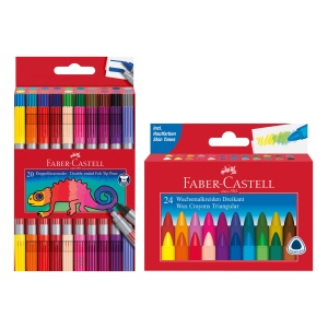 Set de scoala Faber-Castell cu creioane cerate si markere cu doua varfuri