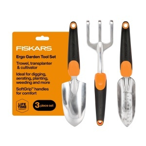 Set de unelte pentru gradinarit Fiskars 3 in 1, cu kela ergonomica, cultivator si recipient