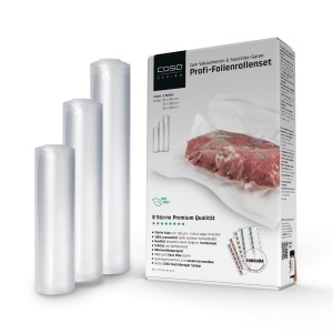 Set folii CASO Profi 4 3 role 20x600cm 25x600cm 30x600cm reutilizabile BPA-free pentru vidat alimente