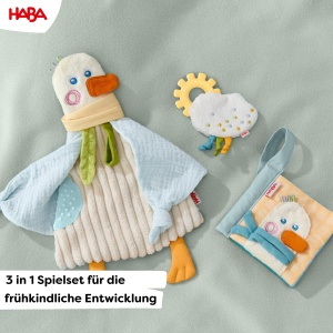 Set jucarii HABA 3-in-1 pentru bebelusi cu carte textila jucarie de prins si paturica moale model gasca - Img 2