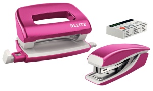 Set Mini Capsator si Locher Leitz 55996023, pentru 10 foi, culoare roz metallic
