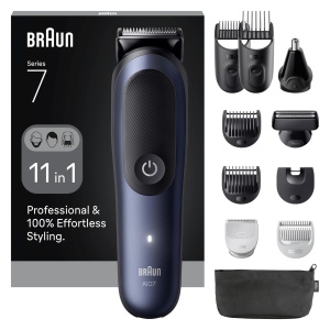 Set multifunctional pentru ingrijire corporala Braun Series 7 AIO7540, 11 in 1, autonomie 120 min, albastru