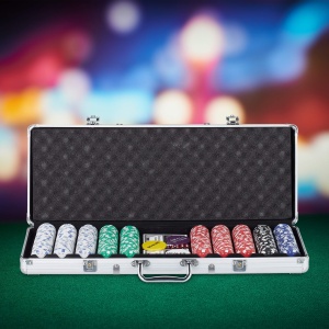 Set Poker Relaxdays cu 500 Fise, 2 Deck-uri Carti, 5 Zaruri, Aluminium - Img 2