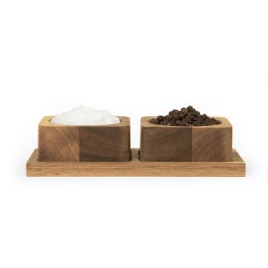 Set recipiente pentru condimente Salter Toronto, din lemn de salcam, 2 boluri cu suport, design inteligent