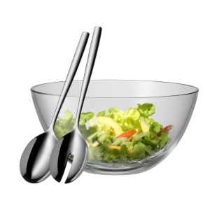 Set Salat WMF Taverno, 3 piese, bol sticla 23,5 cm, utensile inox 25 cm