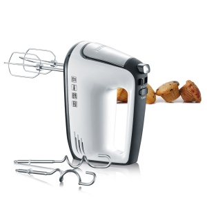 SEVERIN Mixer de mana, mixer de mana cu 5 setari de viteza, mixer de mana practic cu 2 teluri din otel inoxidabil si carlige de aluat, 400 W, alb-negru / otel inoxidabil, HM 3830 - Img 1