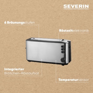 SEVERIN Prajitor de paine automat cu fante lungi, prajitor de paine automat cu atasament pentru chifle, din otel inoxidabil, pentru prajire, dezghetare si incalzire, 1.000 W, otel inoxidabil periat/negru, AT 2515 - Img 4