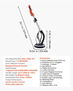 Slefuitor de perete VEVOR DMJ-700A-1FT, 1010 W, 255 mm, cu LED si 15 discuri - Img 7