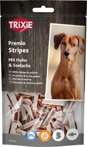Snackuri pentru caini TRIXIE Premio Stripes cu Pui si Seelachs, 65 carne, gluten-free, 75g
