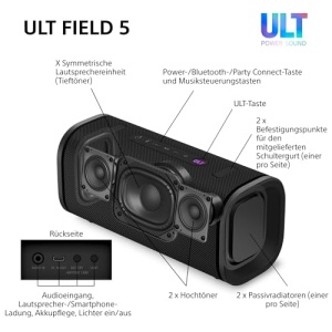 Sony ULT Field 5 - Difuzor portabil Bluetooth puternic, baterie de 25 de ore, 2 moduri de sunet ULT Power, IP67, rezistent la apa, rezistent la praf, lumini la 360deg, curea de umar detasabila - negru - Img 11
