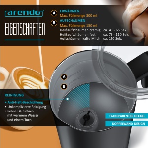 Spumator de lapte electric Arendo MILK SKY2 4 programe 500W 150-300 ml carcasa dubla din otel inoxidabil - Img 3