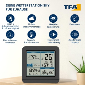 Statie Meteo Digitala TFA Dostmann SKY, cu Senzor Exterior, Negru, 123 x 52 x 117 mm - Img 4
