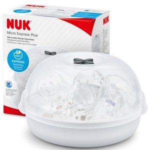 Sterilizator cu microunde NUK Micro Express Plus pentru biberoane - sterilizeaza pana la 4 biberoane plus accesorii in 4 minute - inclusiv clesti pent - Img 1