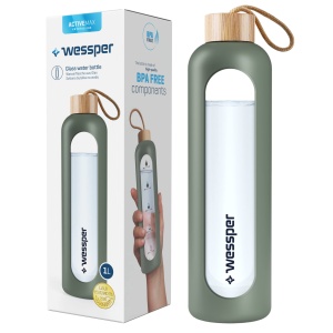 Sticla de apa Wessper 1L din sticla borosilicata, cu husa din silicon, culoare olive - Img 2
