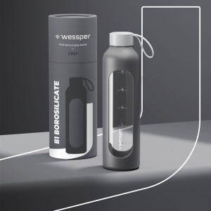 Sticla de apa Wessper ActiveMax 1L din sticla borosilicata, gri, cu capac din bambus - Img 6