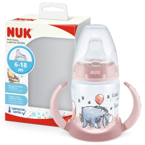 Sticla NUK First Choice+ pentru cursanti | 6-18 luni | 150 ml | Afisaj de control al temperaturii | Supapa anti-colici | gura de scurgere etansa | Manere ergonomice | Fara BPA | Disney Winnie the Pooh Roz