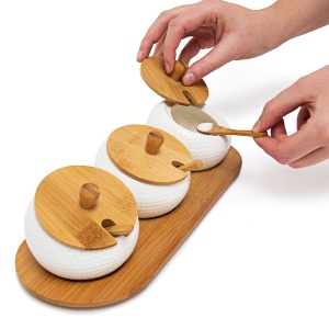 Suport condimente Relaxdays JIAO din ceramica si bambus, 3 borcane, 8.5 x 30.5 x 12 cm - Img 4